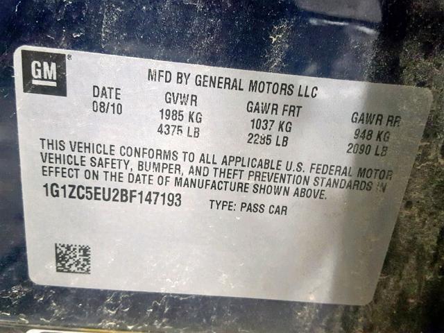 1G1ZC5EU2BF147193 - 2011 CHEVROLET MALIBU 1LT ლურჯი ფოტო 10