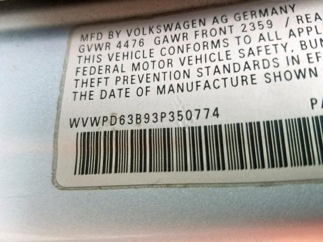 WVWPD63B93P350774 - 2003 VOLKSWAGEN PASSAT GLS BLUE photo 10