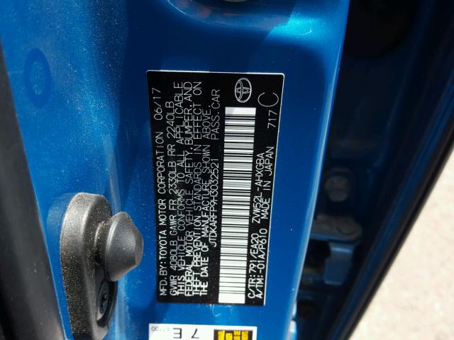 JTDKARFP9H3032521 - 2017 TOYOTA PRIUS PRIM ლურჯი ფოტო 10