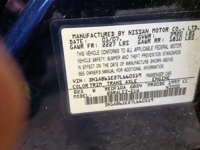 3N1AB61E27L660519 - 2007 NISSAN SENTRA 2.0 BLUE photo 10