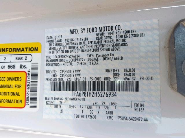 1FA6P8TH2H5276934 - 2017 FORD MUSTANG WHITE photo 10