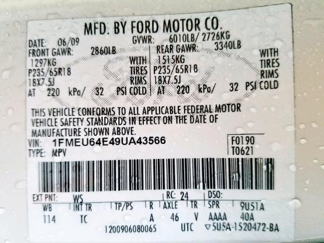 1FMEU64E49UA43566 - 2009 FORD EXPLORER E WHITE photo 10