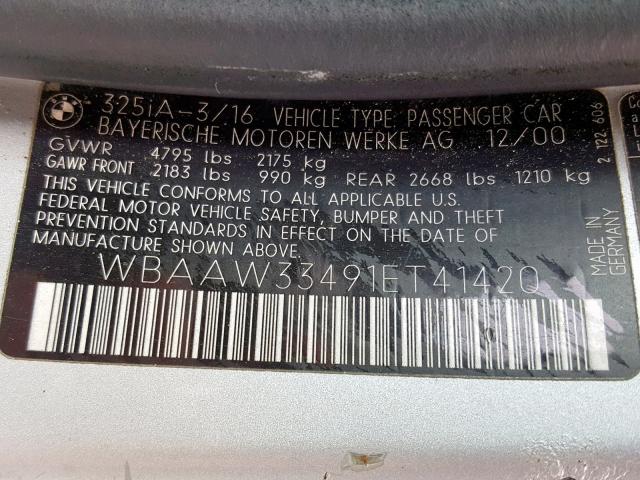 WBAAW33491ET41420 - 2001 BMW 325 IT GRAY photo 10