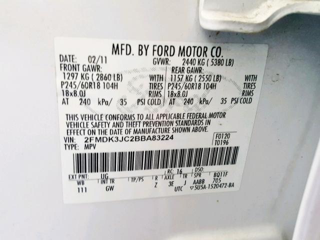 2FMDK3JC2BBA83224 - 2011 FORD EDGE SEL WHITE photo 10