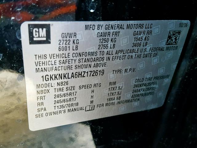 1GKKNKLA6HZ172619 - 2017 GMC ACADIA SLE BLACK photo 10