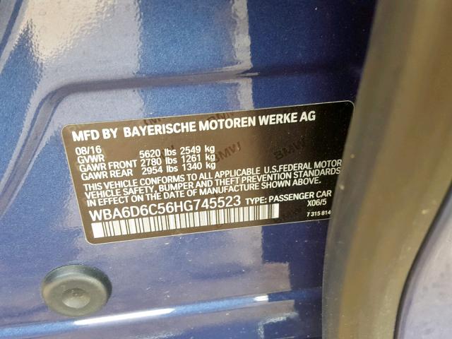 WBA6D6C56HG745523 - 2017 BMW 650 XI BLUE photo 10