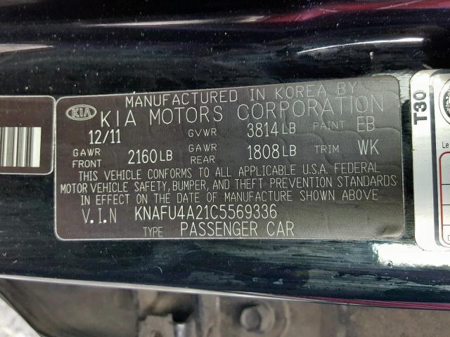 KNAFU4A21C5569336 - 2012 KIA FORTE EX BLACK photo 10