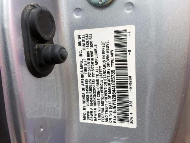 5J6YH28644L025739 - 2004 HONDA ELEMENT EX SILVER photo 10