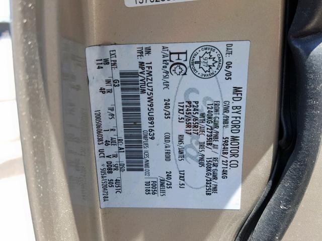 1FMZU75W95UB91639 - 2005 FORD EXPLORER L GOLD photo 10