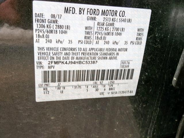 2FMPK4J94HBC53387 - 2017 FORD EDGE SEL CHARCOAL photo 10