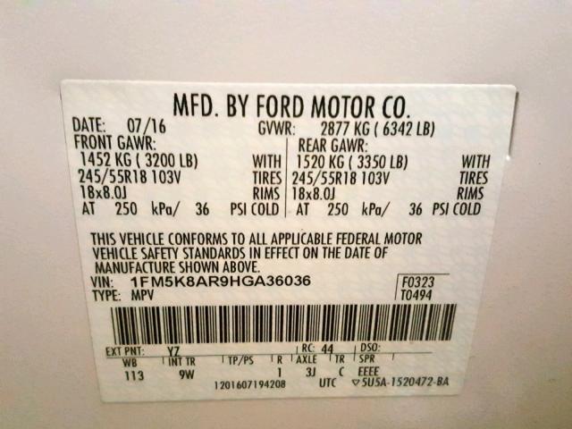 1FM5K8AR9HGA36036 - 2017 FORD EXPLORER P WHITE photo 10