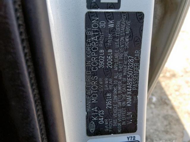 KNAFX4A81E5073287 - 2014 KIA FORTE EX SILVER photo 10