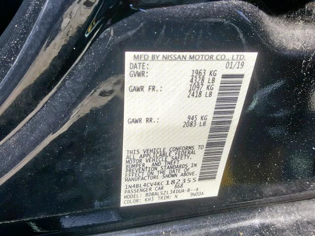 1N4BL4CV4KC182355 - 2019 NISSAN ALTIMA SR BLACK photo 10