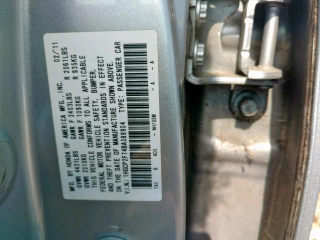 1HGCP2F74BA089904 - 2011 HONDA ACCORD EX SILVER photo 10