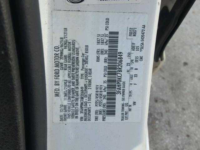 3FAHP0KC7BR206849 - 2011 FORD FUSION SPO WHITE photo 10