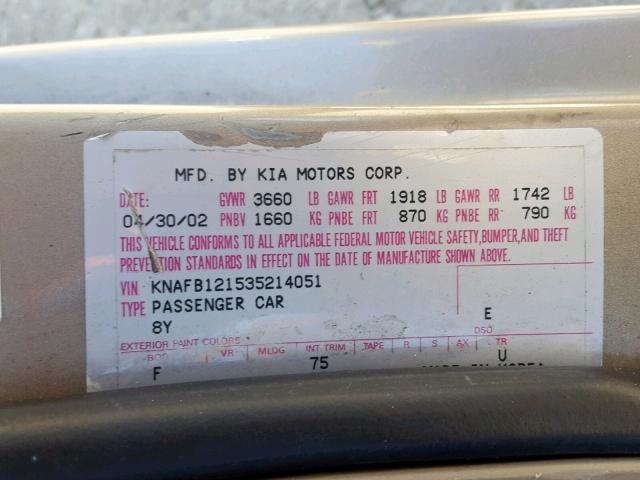 KNAFB121535214051 - 2003 KIA SPECTRA BA GRAY photo 10