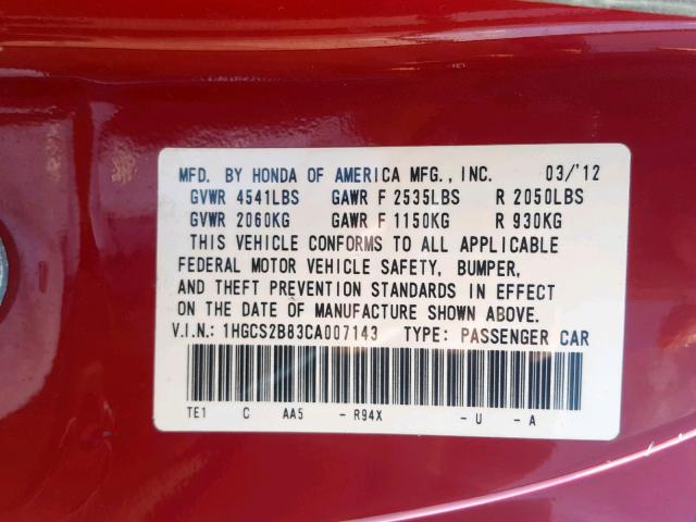 1HGCS2B83CA007143 - 2012 HONDA ACCORD EXL RED photo 10