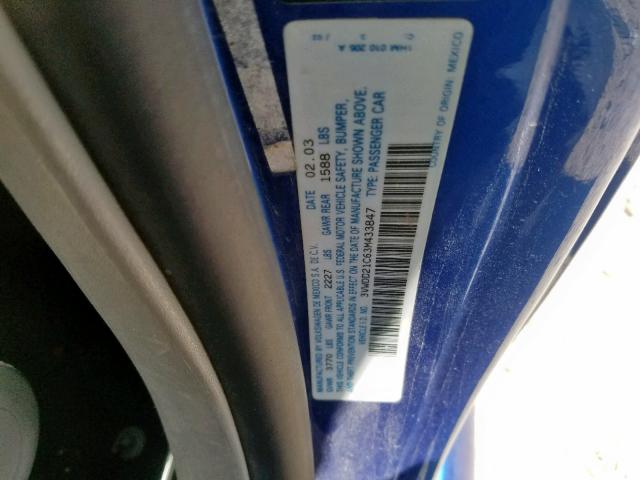 3VWDD21C63M433847 - 2003 VOLKSWAGEN NEW BEETLE ლურჯი ფოტო 10