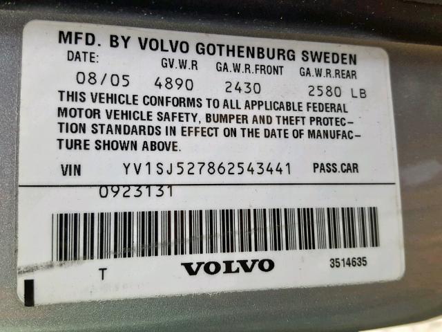 YV1SJ527862543441 - 2006 VOLVO V70 R SILVER photo 10