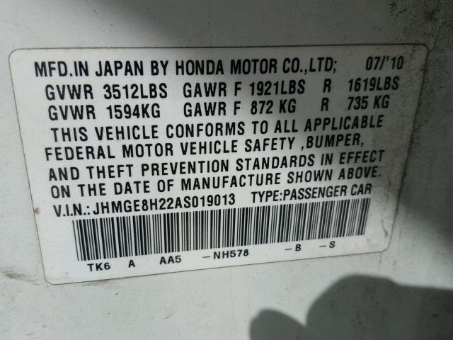 JHMGE8H22AS019013 - 2010 HONDA FIT WHITE photo 10