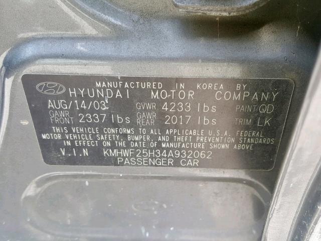 KMHWF25H34A932062 - 2004 HYUNDAI SONATA GL GRAY photo 10