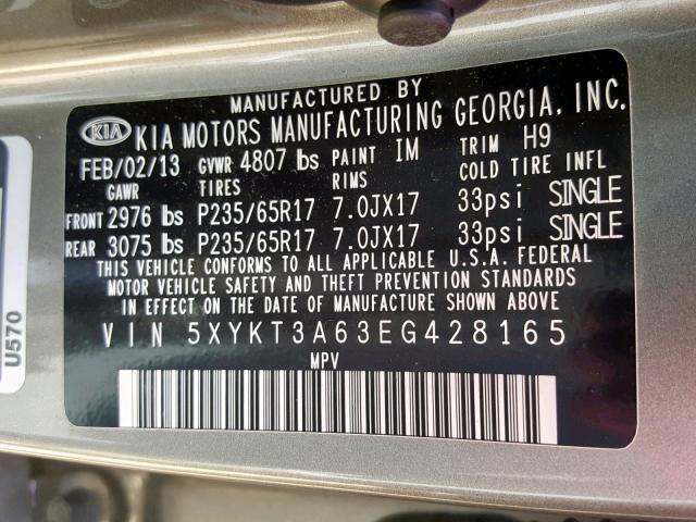 5XYKT3A63EG428165 - 2014 KIA SORENTO LX GRAY photo 10