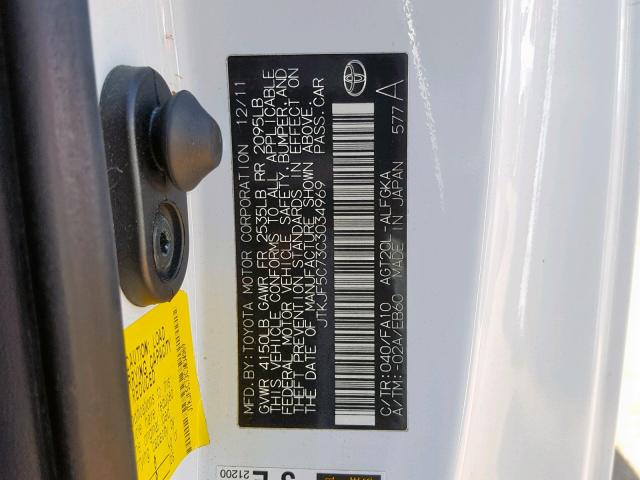 JTKJF5C73C3034969 - 2012 TOYOTA SCION TC 白色 照片 10