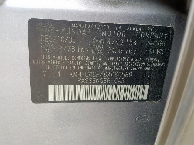 KMHFC46F46A060589 - 2006 HYUNDAI AZERA SE GRAY photo 10