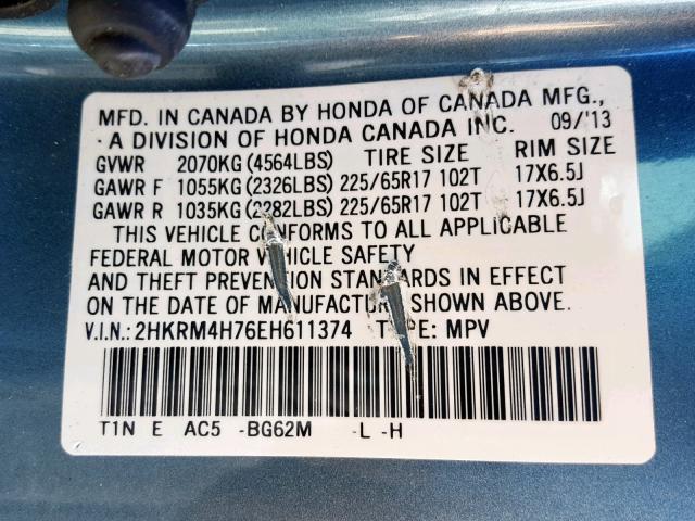 2HKRM4H76EH611374 - 2014 HONDA CR-V EXL BLUE photo 10