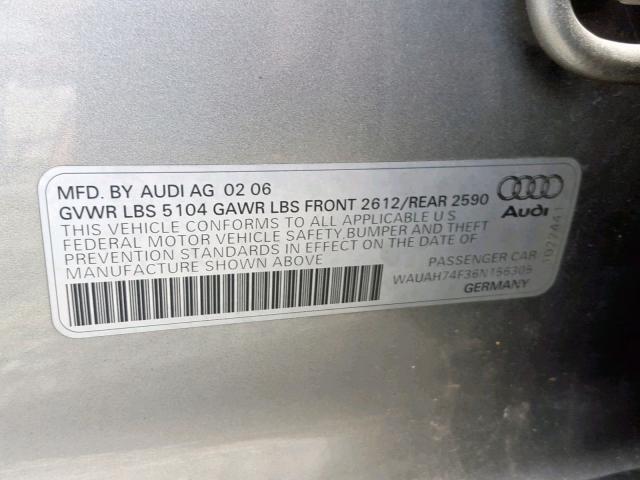 WAUAH74F36N156305 - 2006 AUDI A6 3.2 GRAY photo 10