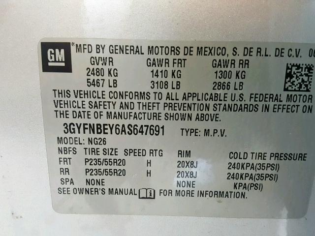 3GYFNBEY6AS647691 - 2010 CADILLAC SRX PERFOR 银色 照片 10