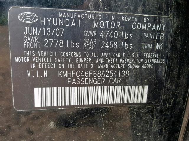 KMHFC46F68A254138 - 2008 HYUNDAI AZERA SE BLACK photo 10