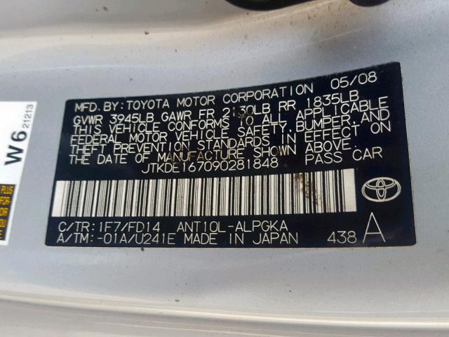 JTKDE167090281848 - 2009 TOYOTA SCION TC SILVER photo 10