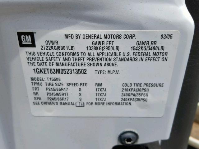 1GKET63M052313502 - 2005 GMC ENVOY DENA WHITE photo 10