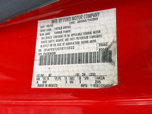 3FAFP31331R115523 - 2001 FORD FOCUS ZX3 RED photo 10