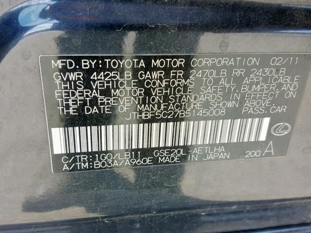 JTHBF5C27B5145008 - 2011 LEXUS IS 250 CHARCOAL photo 10