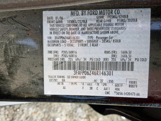 3FAFP06Z46R146301 - 2006 FORD FUSION S BLACK photo 10