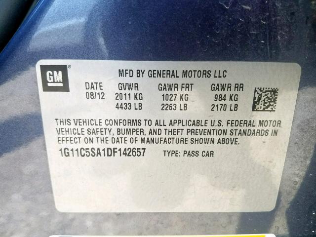 1G11C5SA1DF142657 - 2013 CHEVROLET MALIBU 1LT 蓝色 照片 10