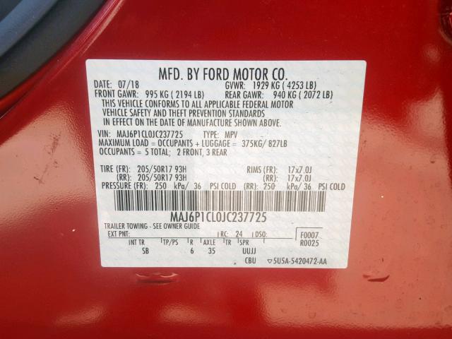 MAJ6P1CL0JC237725 - 2018 FORD ECOSPORT S RED photo 10