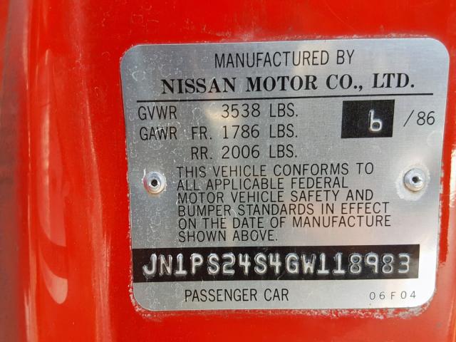 JN1PS24S4GW118983 - 1986 NISSAN 200SX RED photo 10