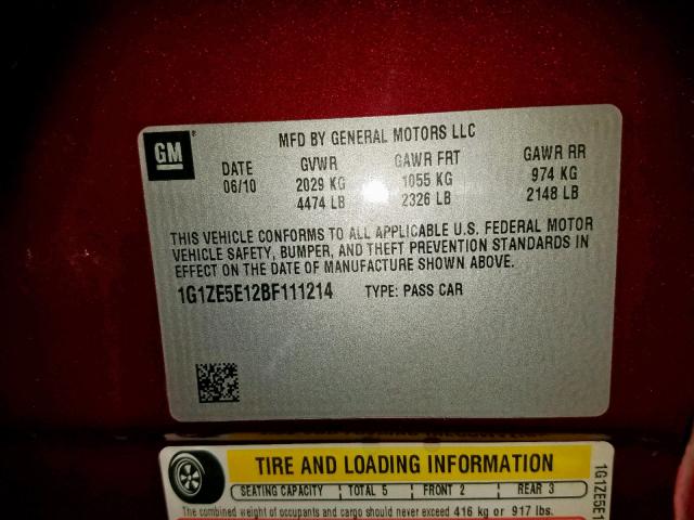 1G1ZE5E12BF111214 - 2011 CHEVROLET MALIBU LTZ მუქწითელი ფოტო 10