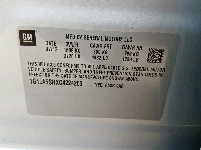 1G1JA5SHXC4224268 - 2012 CHEVROLET SONIC LS SILVER photo 10