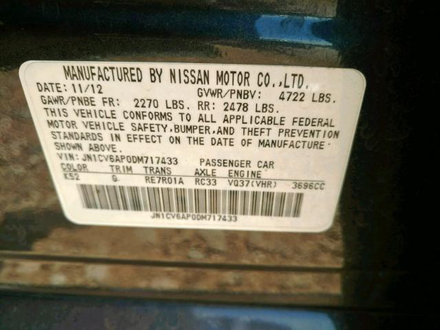 JN1CV6AP0DM717433 - 2013 INFINITI G37 BASE GRAY photo 10