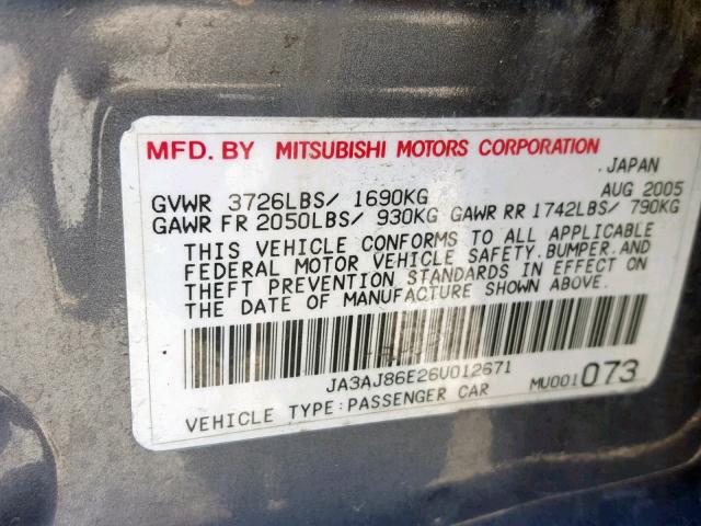 JA3AJ86E26U012671 - 2006 MITSUBISHI LANCER OZ CHARCOAL photo 10