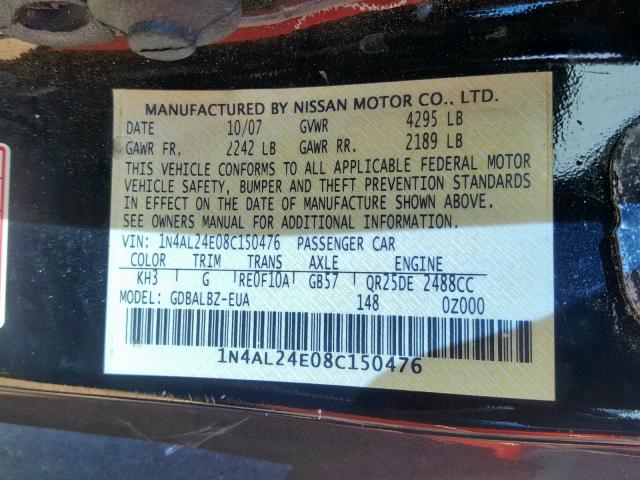 1N4AL24E08C150476 - 2008 NISSAN ALTIMA 2.5 BLACK photo 10