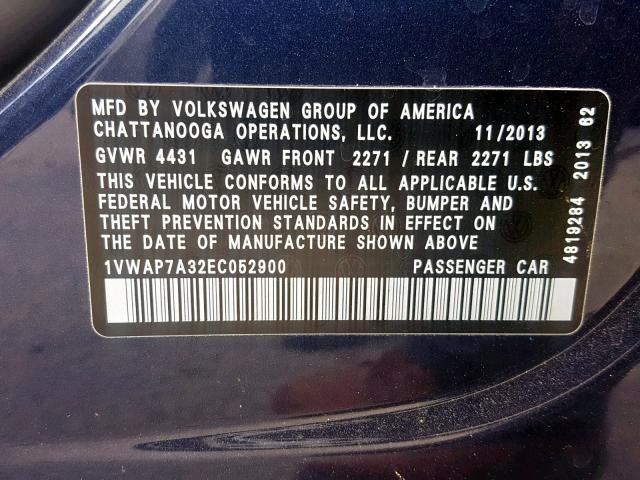 1VWAP7A32EC052900 - 2014 VOLKSWAGEN PASSAT S BLUE photo 10