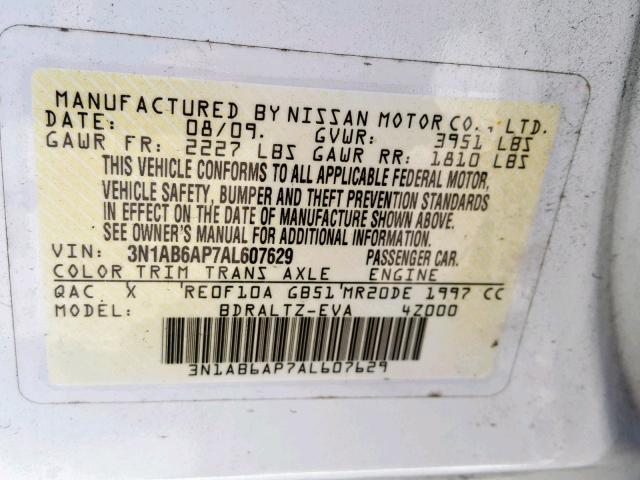 3N1AB6AP7AL607629 - 2010 NISSAN SENTRA 2.0 WHITE photo 10