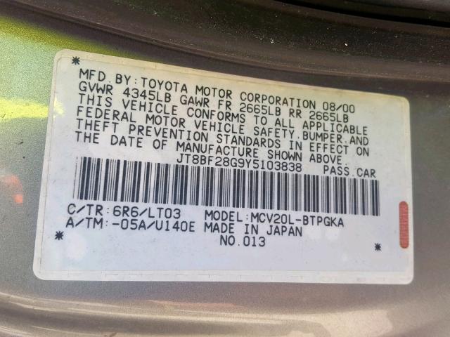 JT8BF28G9Y5103838 - 2000 LEXUS ES 300 GRAY photo 10