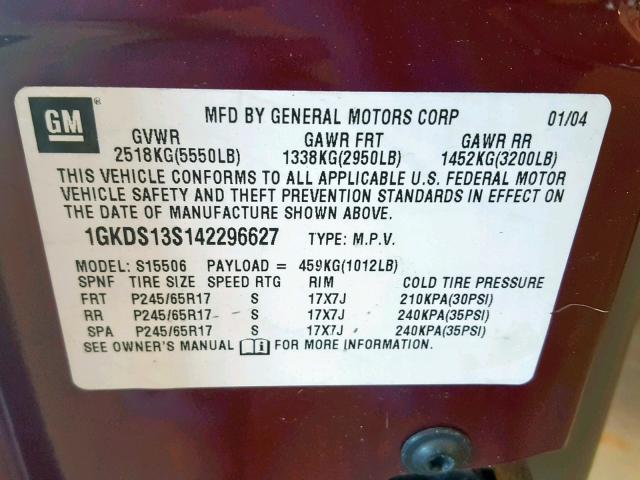 1GKDS13S142296627 - 2004 GMC ENVOY BURGUNDY photo 10