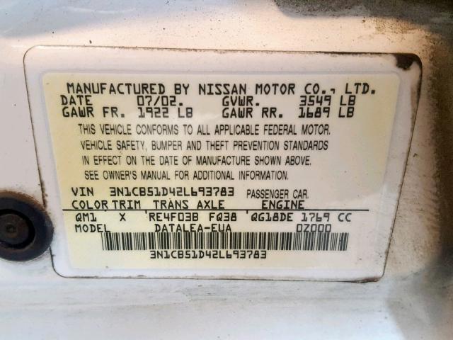 3N1CB51D42L693783 - 2002 NISSAN SENTRA XE WHITE photo 10